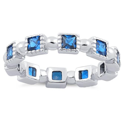 Sterling Silver Princess Cut Blue Spinel Eternity CZ Ring