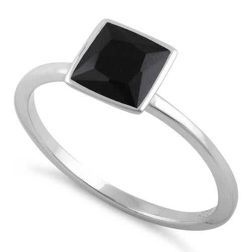 Sterling Silver Princess Cut Solitaire Black CZ Ring