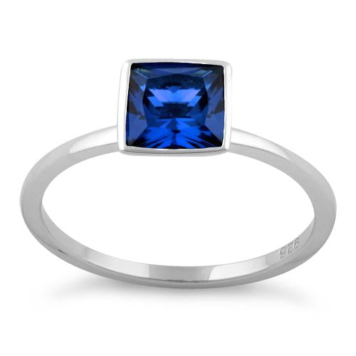 Sterling Silver Princess Cut Solitaire Blue Sapphire CZ Ring