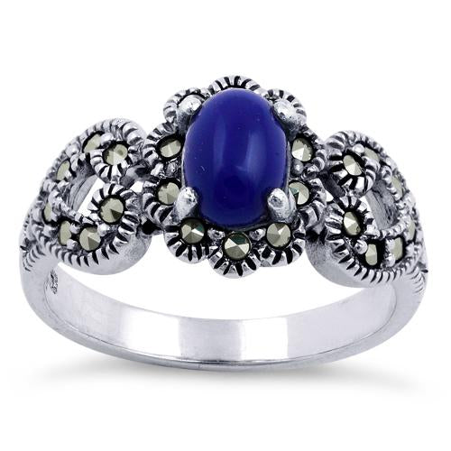 Sterling Silver Blue Lapis Flower Hearts Marcasite Ring