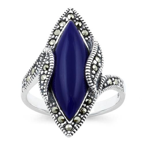 Sterling Silver Blue Lapis Marquise Marcasite Ring