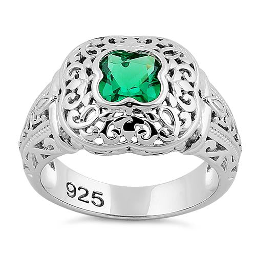 Sterling Silver Quatrefoil Emerald CZ Ring
