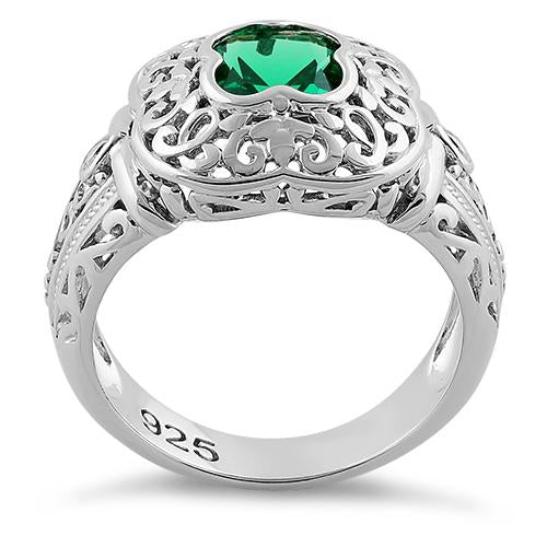 Sterling Silver Quatrefoil Emerald CZ Ring