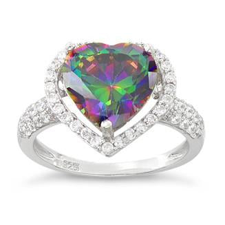 Sterling Silver Rainbow Topaz Heart Halo CZ Ring