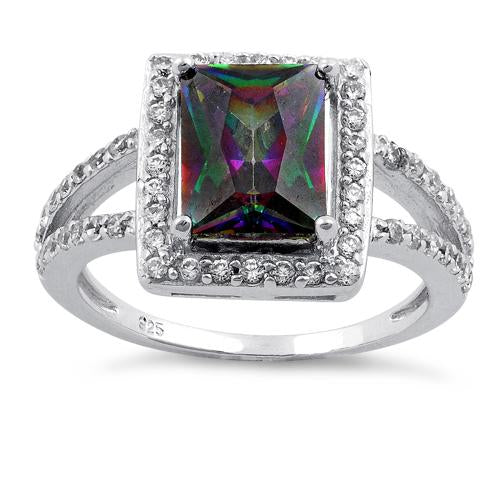 Sterling Silver Rainbow Topaz Rectangular Halo CZ Ring