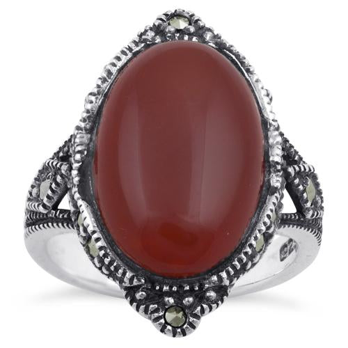 Sterling Silver Oval Red Agate Marcasite Ring