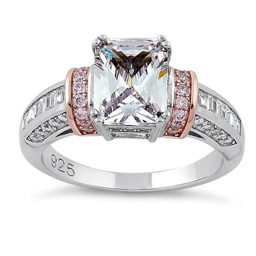 Sterling Silver Rose Gold-Plated Emerald-Cut CZ Ring