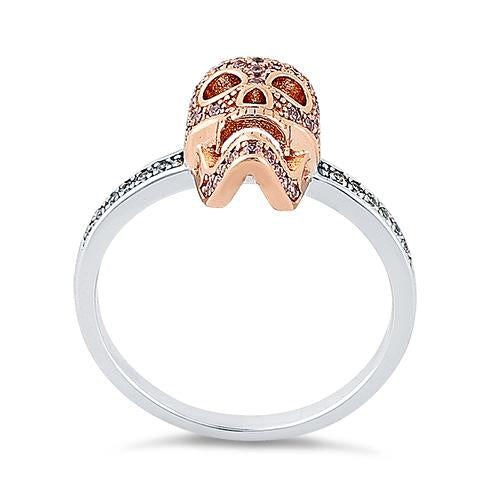 Sterling Silver Rose Gold Two Tone Skull Pink & Clear CZ Ring