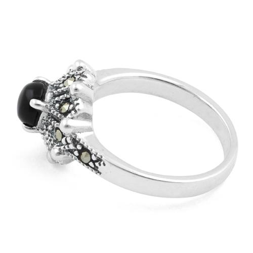 Sterling Silver Round Black Onyx Flower Marcasite Ring