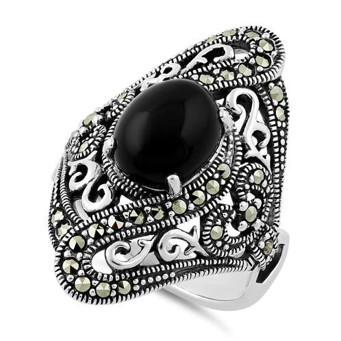 Sterling Silver Round Black Onyx Wide Marcasite Ring