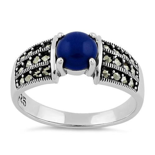 Sterling Silver Round Blue Lapis Marcasite Ring