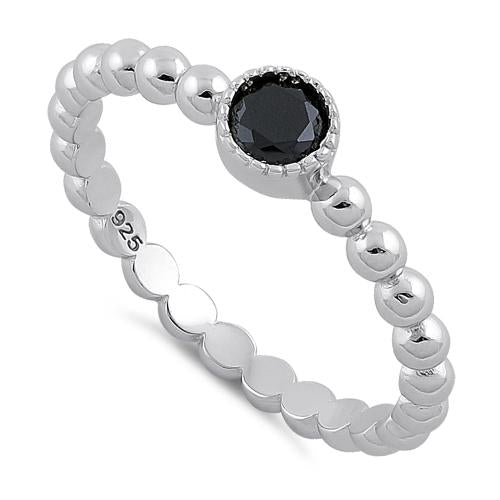 Sterling Silver Round Cut Beaded Black CZ Ring