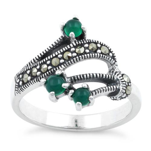 Sterling Silver Round Green Agate Abstract Marcasite Ring