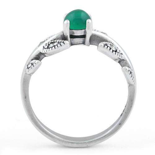Sterling Silver Round Green Agate Leaves Marcasite Ring
