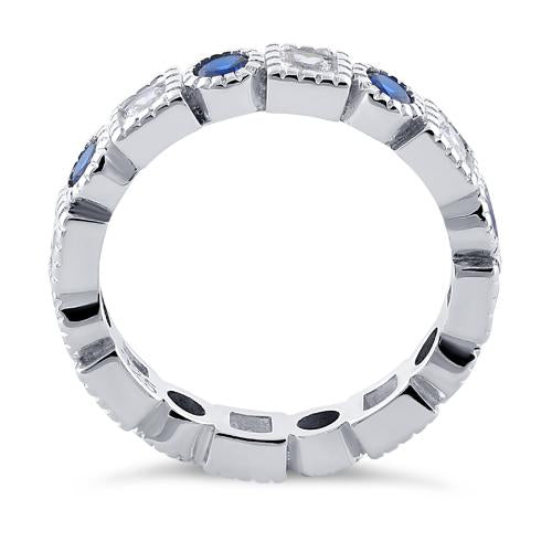 Sterling Silver Round & Princess Cut Eternity Blue Spinel & Clear CZ Ring