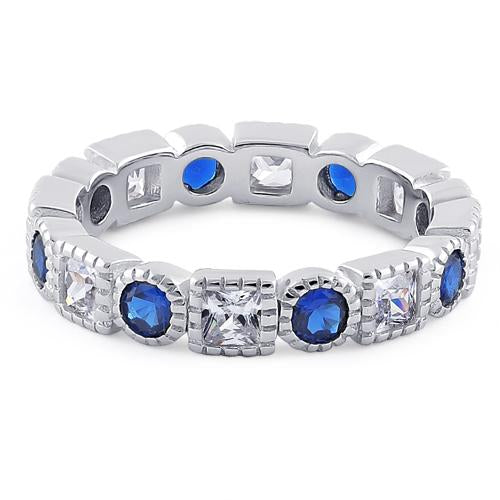 Sterling Silver Round & Princess Cut Eternity Blue Spinel & Clear CZ Ring