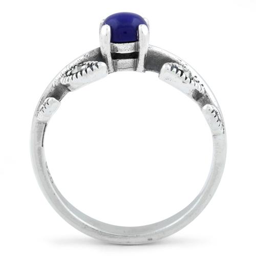 Sterling Silver Round Blue Lapis Leaves Marcasite Ring
