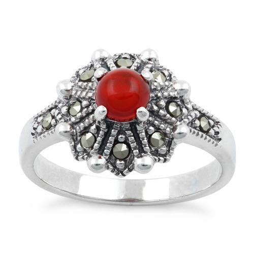 Sterling Silver Round Red Agate Flower Marcasite Ring