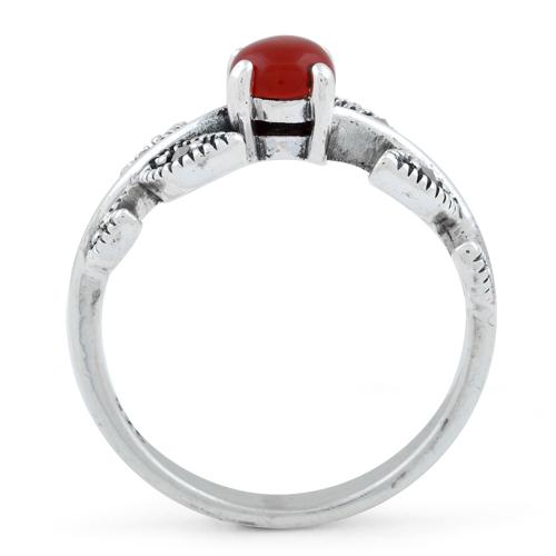 Sterling Silver Round Red Agate Leaves Marcasite Ring