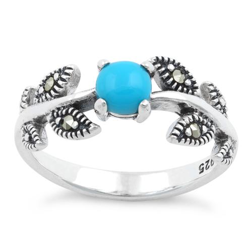 Sterling Silver Round Simulated Turquoise Leaves Marcasite Ring