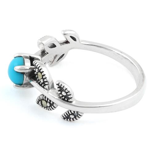 Sterling Silver Round Simulated Turquoise Leaves Marcasite Ring
