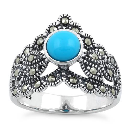 Sterling Silver Round Simulated Turquoise Tiara Marcasite Ring