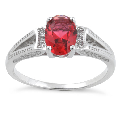 Sterling Silver Ruby Oval Cut CZ Ring