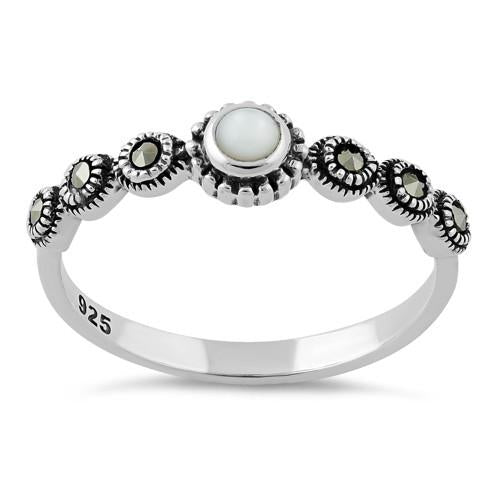 Sterling Silver Small Round Mother of Pearl Marcasite Ring