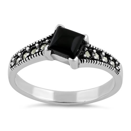 Sterling Silver Square Black Onyx Marcasite Ring