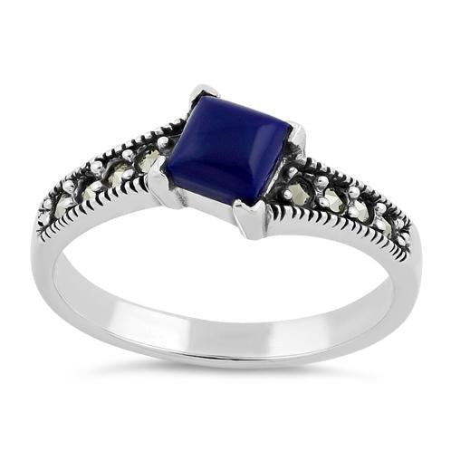 Sterling Silver Square Blue Lapis Marcasite Ring