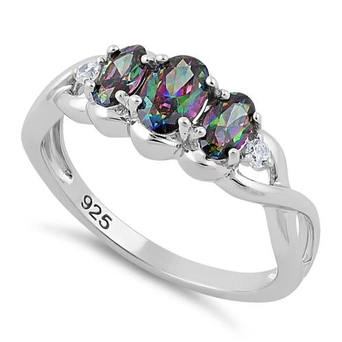 Sterling Silver Triple Oval Rainbow CZ Ring