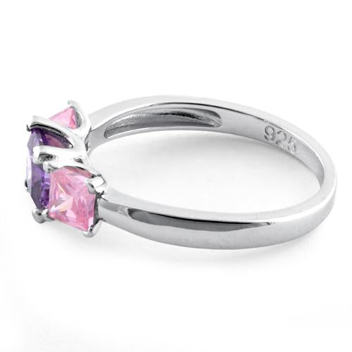 Sterling Silver Triple Square Amethyst & Pink CZ Ring