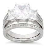 Sterling Silver 3-Stone Princess-Cut CZ Engagement Set Ring