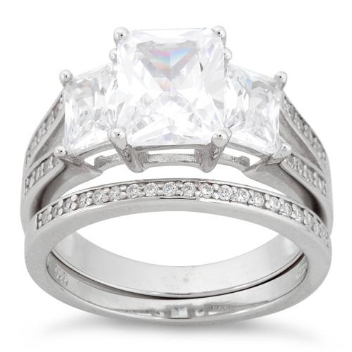Sterling Silver 3-Stone Princess-Cut CZ Engagement Set Ring