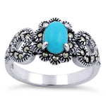 Sterling Silver Oval Simulated Turquoise Flower Hearts Marcasite Ring