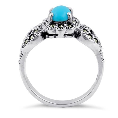 Sterling Silver Oval Simulated Turquoise Flower Hearts Marcasite Ring