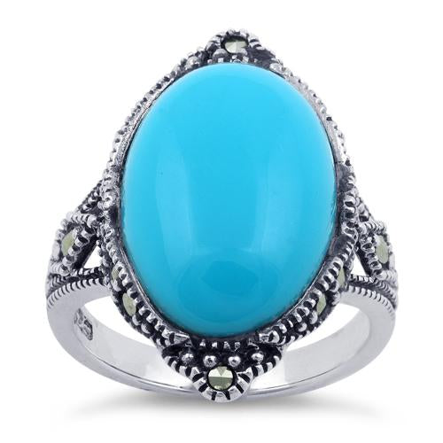 Sterling Silver Simulated Turquoise Oval Marcasite Ring