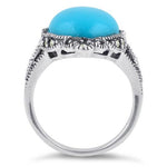 Sterling Silver Simulated Turquoise Oval Marcasite Ring