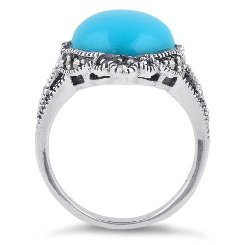 Sterling Silver Simulated Turquoise Oval Marcasite Ring
