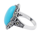 Sterling Silver Simulated Turquoise Oval Marcasite Ring
