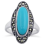 Sterling Silver Simulated Turquoise Oval Marcasite Ring