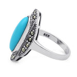 Sterling Silver Simulated Turquoise Oval Marcasite Ring