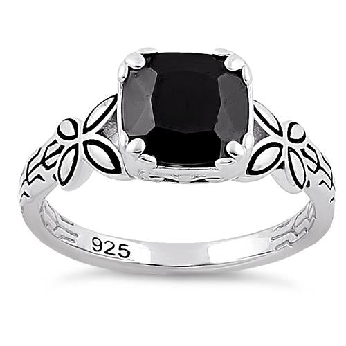Sterling Silver Twin Butterfly Cushion Cut Black CZ Ring