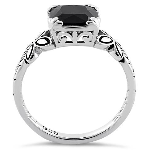 Sterling Silver Twin Butterfly Cushion Cut Black CZ Ring