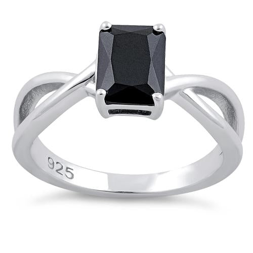 Sterling Silver Twist Emerald Cut Black CZ Ring