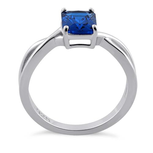Sterling Silver Twist Emerald Cut Blue Spinel CZ Ring