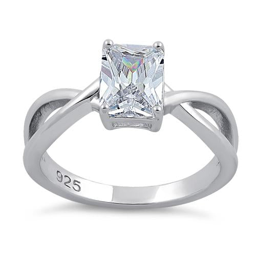 Sterling Silver Twist Emerald Cut Clear CZ Ring