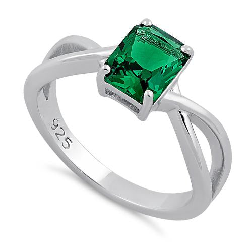 Sterling Silver Twist Emerald Cut Emerald CZ Ring