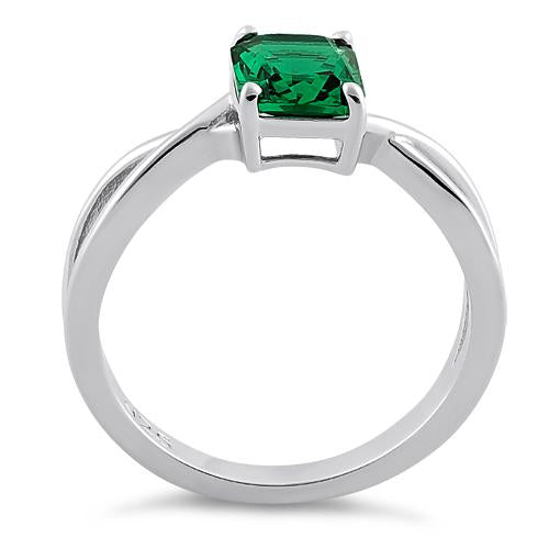 Sterling Silver Twist Emerald Cut Emerald CZ Ring