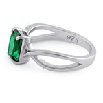 Sterling Silver Twist Emerald Cut Emerald CZ Ring